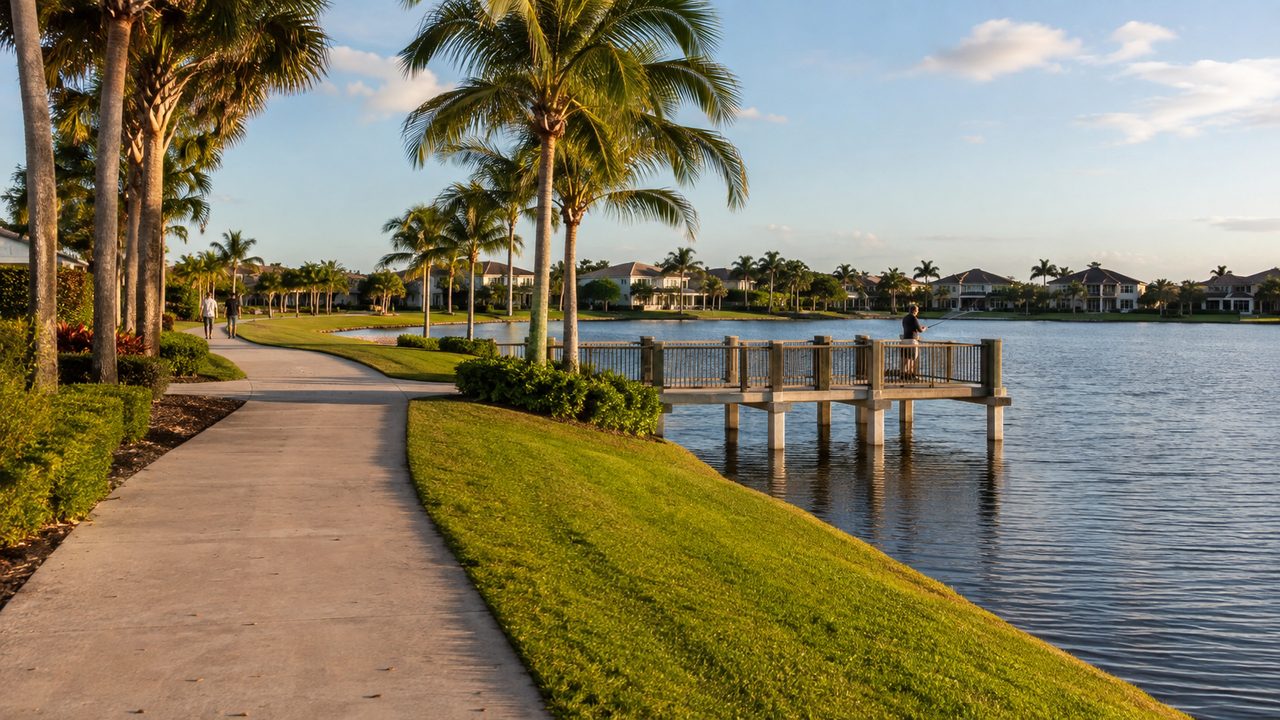 Paved lakeside trail lined with palms leading past a wooden fishing pier